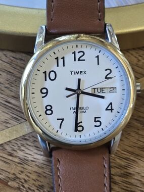 Timex White Dial Brown Leather Strap Day-Date Watch